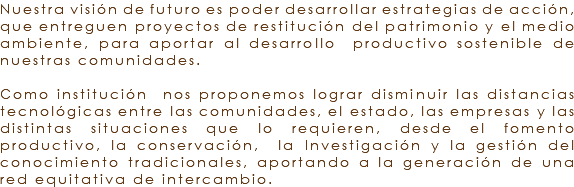 Nuestra visión de futuro es poder desarrollar estrategias de acción, que entreguen proyectos de restitución del patrimonio y el medio ambiente, para aportar al desarrollo productivo sostenible de nuestras comunidades. Como institución nos proponemos lograr disminuir las distancias tecnológicas entre las comunidades, el estado, las empresas y las distintas situaciones que lo requieren, desde el fomento productivo, la conservación, la Investigación y la gestión del conocimiento tradicionales, aportando a la generación de una red equitativa de intercambio. 